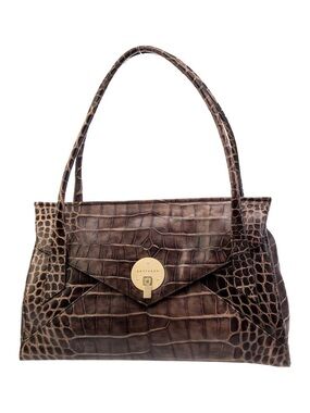 Smythson Brown Croc Embossed Top Handle Shoulder Bag Gold Hardware Leather